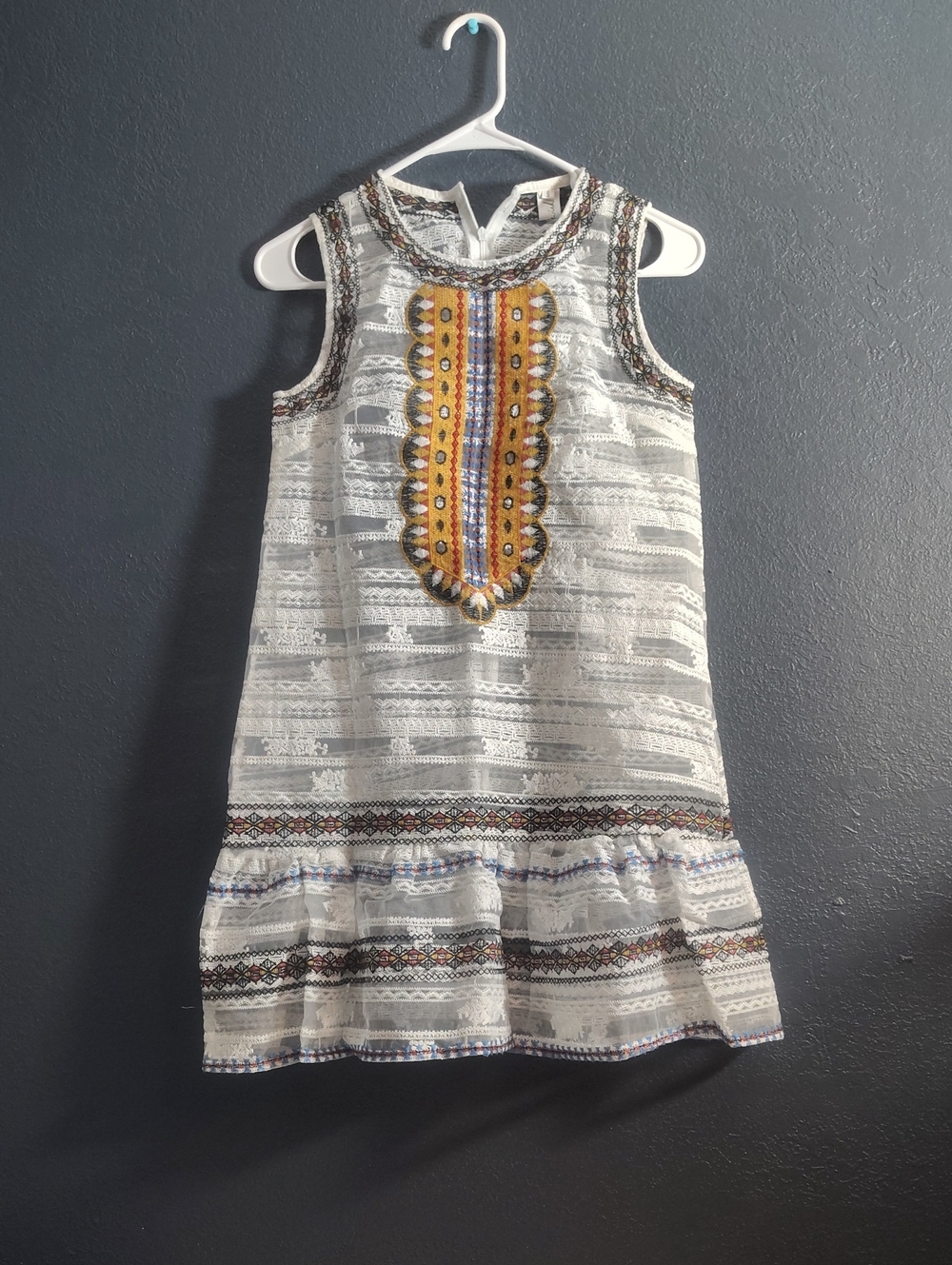 Chicwish White Sleeveless Sheer Tribal Dress with Yellow & Blue Embroidery